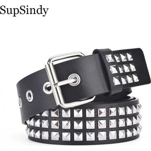 SupSindy Men belt Punk Geometric Rivet Pin Buckle PU Leather Belts for Women Jeans Waistband Rock Motorcycle Hip Hop Male Strap