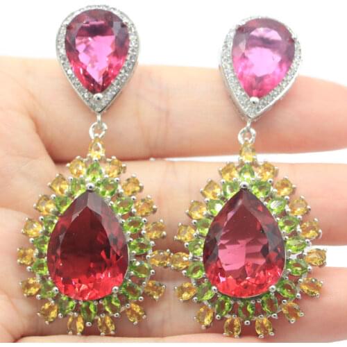 41x11mm SheCrown Elegant Created Paris Blue Topaz White CZ Womans Silver Earrings