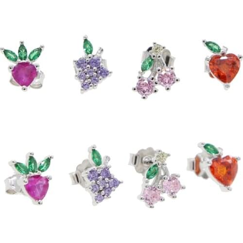 4 Colors Summer Cool Fruits Style Cherry /Grape/Strawberry /Apple Shape Cute Mini Earrings For Women Wedding Gift 2021 New