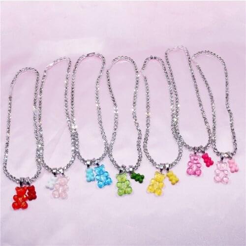 Handmade Rhinestone Colorful Jelly Teddy Bear Charm Necklace Hip Hop Gummy Pendant Crystal Accessories Chain Necklace Jewelry
