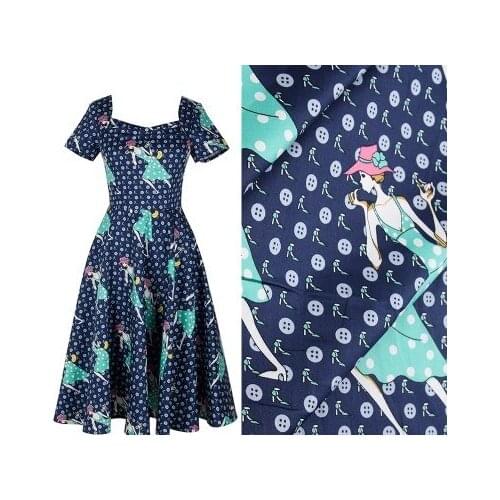 YY DIY Pretty Brand 50x140cm Navy Blue & Light Green Modern Lady Printed 100% Cotton Fabric