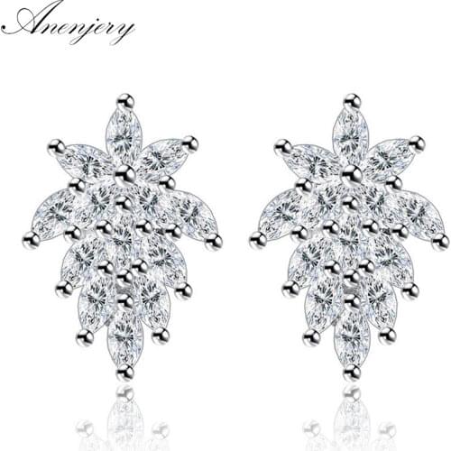 ANENJERY 925 Sterling Silver Cubic Zircon Peacock Tail Iceflower Stud Earrings For Women brincos S-E211