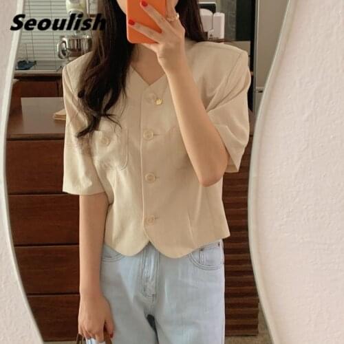 Seoulish Summer New 2021 Minimalist Cotton Linen Women Blazers Single Breasted Female Jacket Short Outerwear Pocket Chic Tops