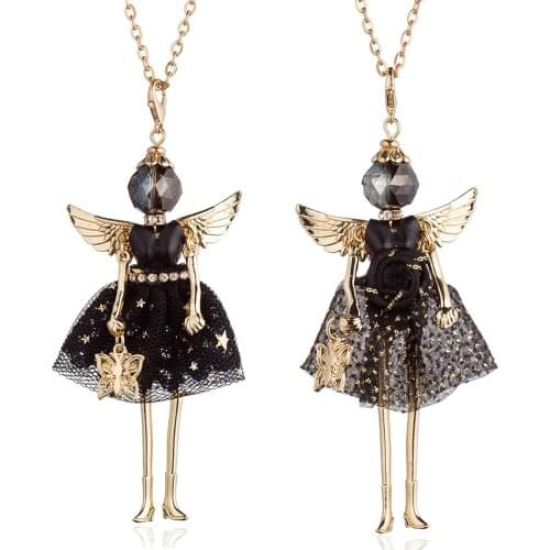 HOCOLE Handmade Long Chain Doll Necklaces For Women Fashion Alloy Wing Black Dress Girls Kids Doll Necklace Statement Jewelry