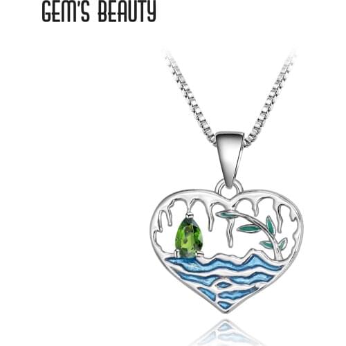 GEMS BEAUTY 925 Sterling Silver Heart Necklace For Women Wave Olive Branch Natural Pear Cut Chrome Diopside Handmade Necklace