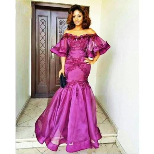Purple Juliet Short Sleeves Elegant Women Evening dress Party Gowns Mermaid Prom Dresses Embroidery Beaded Crystal Draped
