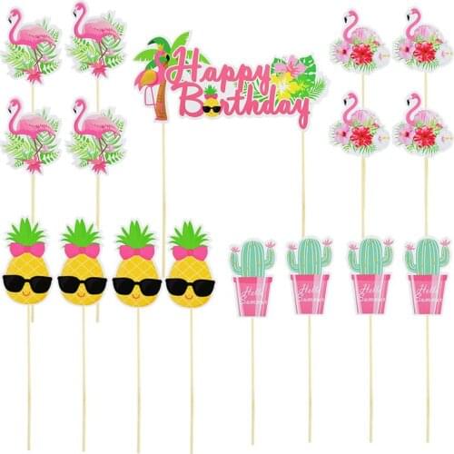 12/13pcs Hawaiian Cake Toppers Paper Flamingo Pineapper Plant Happy Birthday Cake Flags For Kids Birthday Party Cake Decoration