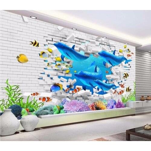 Custom photo 3d wallpaper Brick wall ocean dolphin painting wall papers home decor 3d wall murals wallpaper for living room