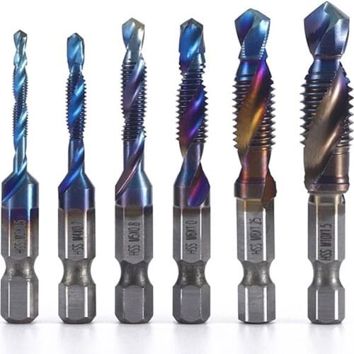 6Pcs Hex Shank Titanium Plated HSS Screw Thread Metric Tap Drill Bits Screw Machine Compound tap M3 M4 M5 M6 M8 M10 Hand Tools
