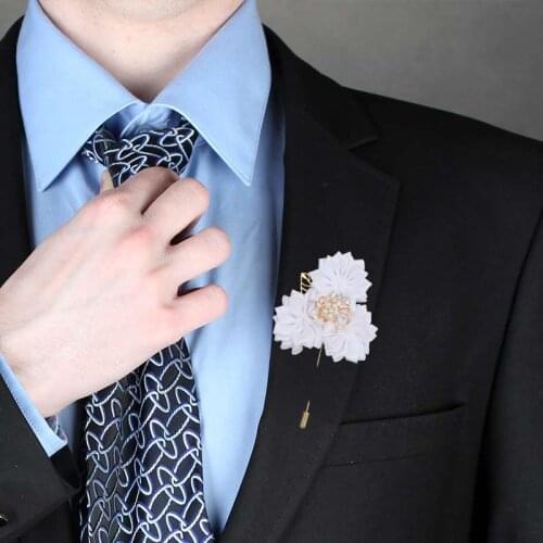 White Wedding Boutonnieres Ribbon Corsage Diamond Groom Groomsmen Buttonhole Wedding Prom Pearl Brooch Ceremony Flower XH1797