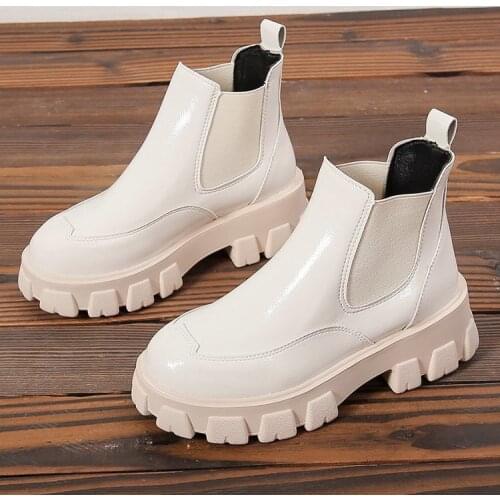 Spring Autumn Patent leather Ankle Boots Women motorcycle Boots Female Shoes Woman Thick Sole punk Boots Beige Black