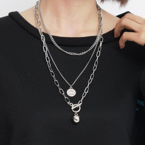 Silver Color Puck Rock Chain Necklace Multilayer Ball Pendant Statement Women Men Necklaces Street Jewelry Collar
