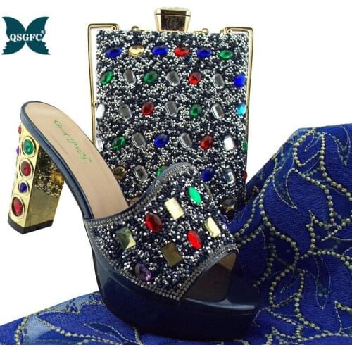 D.Blue Color Ladies Italian design Shoes and Bag Set Decorated with Rhinestones Shoes and Matching Bags Party Super high heel