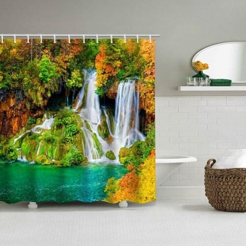 Hot sale natural lake waterfall printing shower curtain waterproof non-perforated bathroom curtain curtain