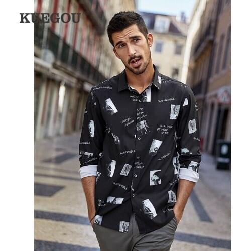 KUEGOU 2021 Autumn Print Black Casual Shirt For Men Oversize Male Wear Fashion Unusual Collar Button Long Sleeve Clothing 3280