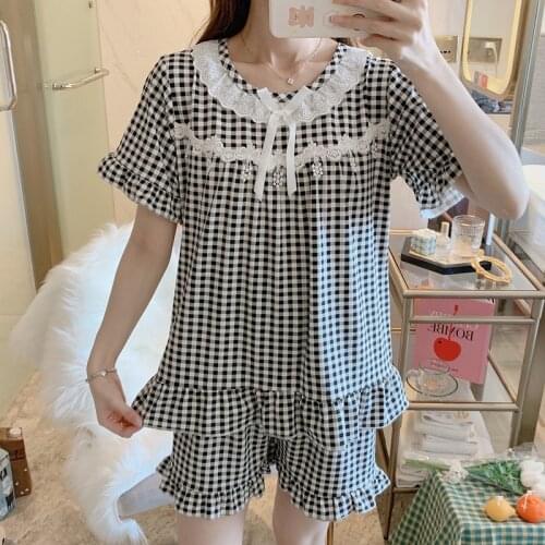 2021 Summer Sweet Girls Pajamas Set Plaid Round Neck Lace Retro Sleepwear for Women Short Sleeve Shorts Homewear Suit
