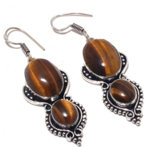 Tiger Eye,Silver Overlay on Copper Earrings ,61mm , E3916
