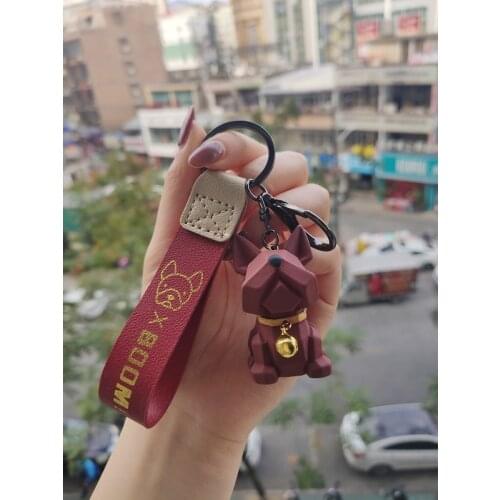 Fashion Punk French Bulldog Keychain PU Leather Dog Keychains for Women Bag Pendant Trinket Mens Car Key Ring Key Chain