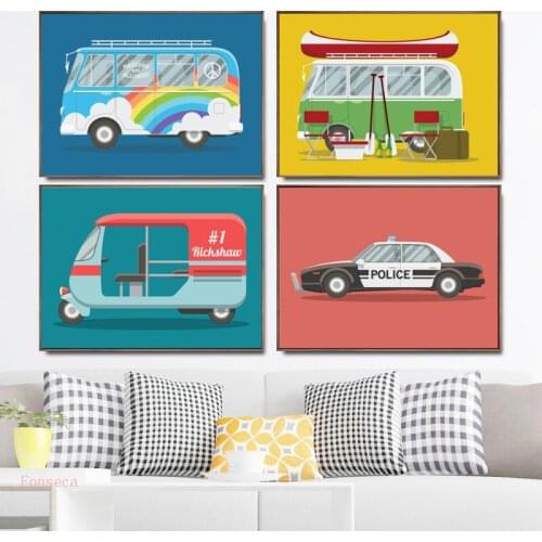 Cartoon Rainbow Car Bus Police Sightseeing Bus Picture Print Poster Decorative Canvas Painting On The Wall For Kids Room Home