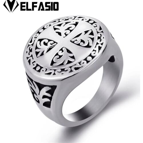 Elfasio Mens Cross Silver Color Stainless Steel Ring Biker Jewelry Size 8-13
