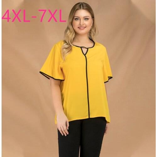 New 2021 ladies summer plus size tops for women large blouse short sleeve casual loose yellow V neck shirt 4XL 5XL 6XL 7XL