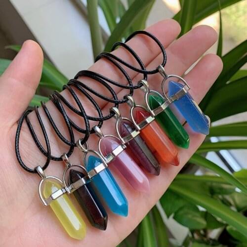 Natural Stone Necklace Colorful Cat Eye Crystal Pendant Hexagonal Bullet Point Pendulum Chakra Jewelry Necklace for Women Men