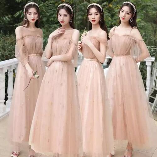 Bridesmaids Dresses Illusion Sequined Pleat A-Line Lace Tulle Off The Shoulder Floor-Length O-Neck Women Wedding Party Gown E451