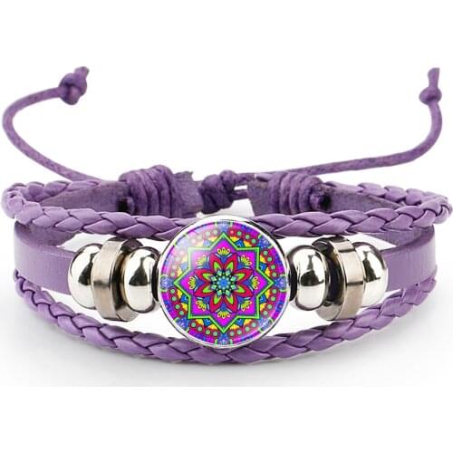 10PC OM Symbol Buddhism Jewelry with Glass Cabochon Mandala Flower Multilayer Charm Wrap Adjustable Bracelet Bangle Jewelry Gift