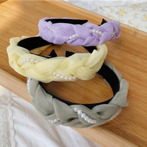 Retro Pearls Chains Winding Hairband Women Hair Accessories Solid Mesh Braids Woven Headband Adults Party Headdress Hair Hoop