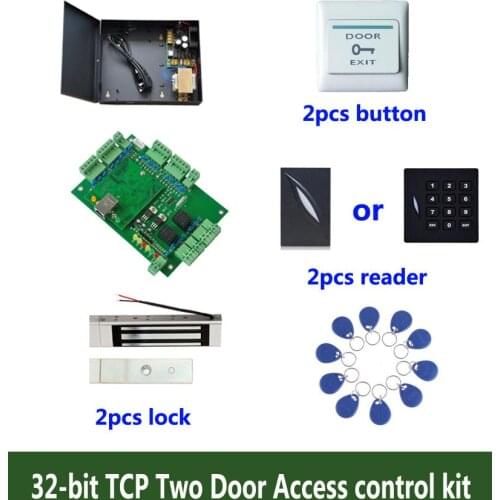 RFID 32-bit access control kit,TCP two door access control+powercase+180kg magnetic lock +ID reader+button+10 ID tag,sn:kit-T203
