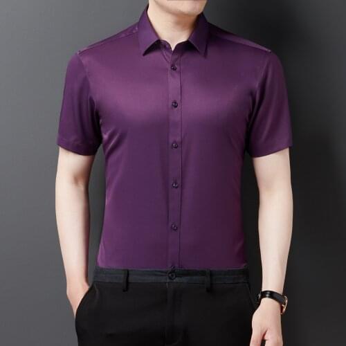 2021 Purple Mens Classic Shirts Smooth Plain Work Shirts Mens Office Wear Wedding Party Dress White Blends Silk Shirts Oversize