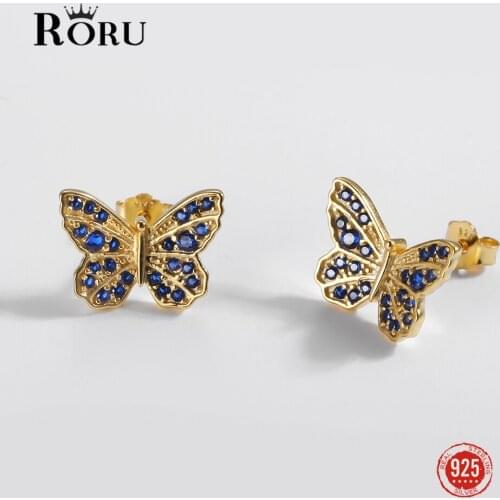 Sterling Silver 925 Stud Earrings Blue Zircon Butterfly Gold Ear Jewelry Trendy Sweet Earrings Gift for Women