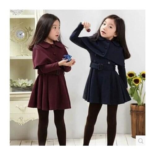 2021 Hot Winter Warm Kids Girls Long Outwear Trench Party Dress + Cloak Leisure Time Personal Fashion Sweet New