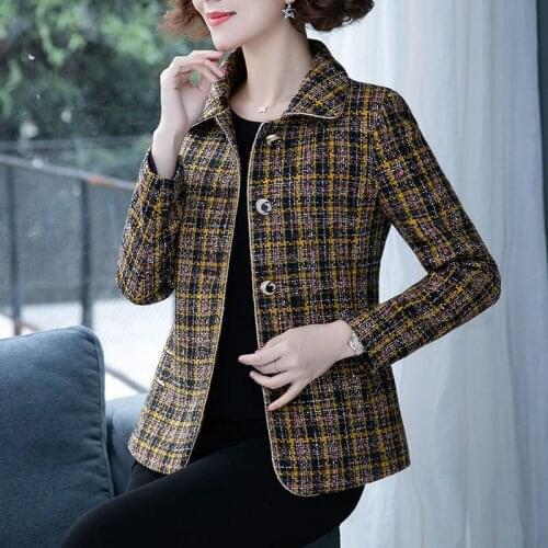 Women 2021 Spring New Fashion Short Lapel Jackets Female Middle-aged Plaid Coats Ladies Long Sleeve Pockets Outerwear W246