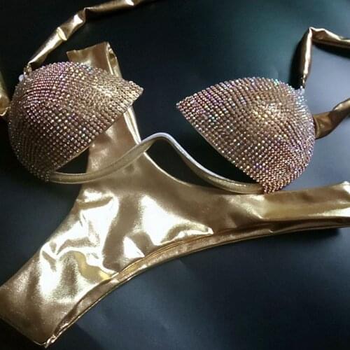 Gold Bikini Set Women Diamante Carnival Bra rhinestone Sexy Night Club Panties Rave Festival Bikini Set Burning Man Outfit