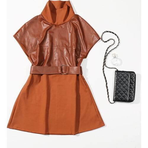2020 Korea Style Women Fashion Genuine Leather Dress ,Casual Splicing Dress