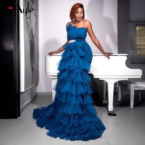 SoAyle Strapless Tulle Evening Dresses for Women Blue Prom Dresses Vestidos De Festa 2019 Gowns Longo