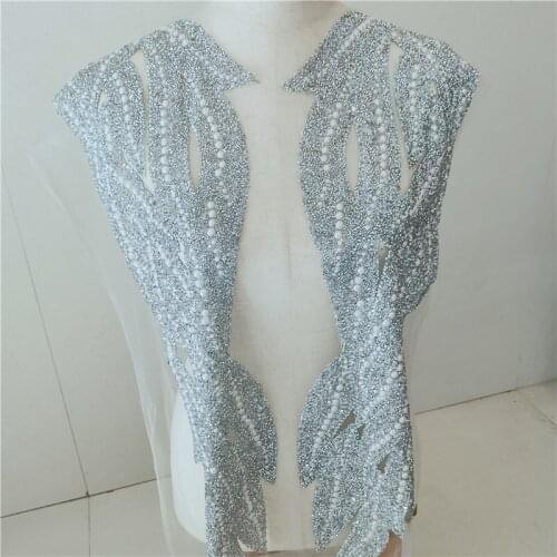 Gold Silver Rhinestones Pearl Appliques Sew On Patches Lace Fabric Neckline Collar Mesh Embroidery For Wedding Gown DIY Decor