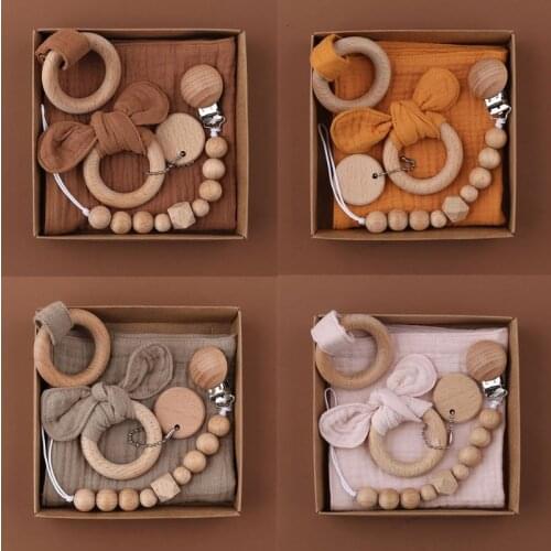 1 Set Pacifier Clips Chain Cotton Baby Bibs Teether Saliva Towel Pacifier Chain Bunny Ear Wooden Baby Gym Ring Teething Bracelet