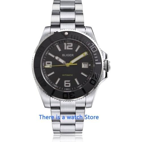 Bliger 43mm Black Dial Mens Automatic Watch Sapphire Glass Date Waterproof Luminous Mechanical Watch