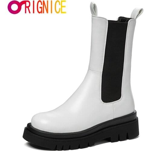 Orignice 2021 Chunky Heel Platform Mid-Calf Boots Women Designer Round Toe Slip-on Anti-Skid Chelsea Booties Autumn Winter
