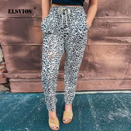 Women Sexy Leopard Printed Casual Pant Fashion Bandage Hole Pocket Pants 2020 New Fall Winter Elastic Waist Streetwear Pants 3XL