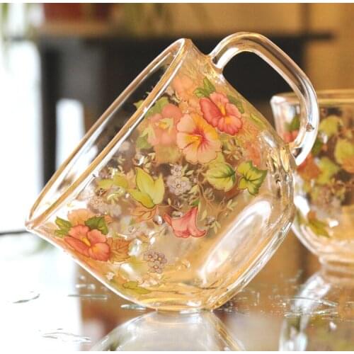 Morning glory pattern lead-free transparent thickened glass cold water cup milk juice breakfast cup large capacity cup Microwave