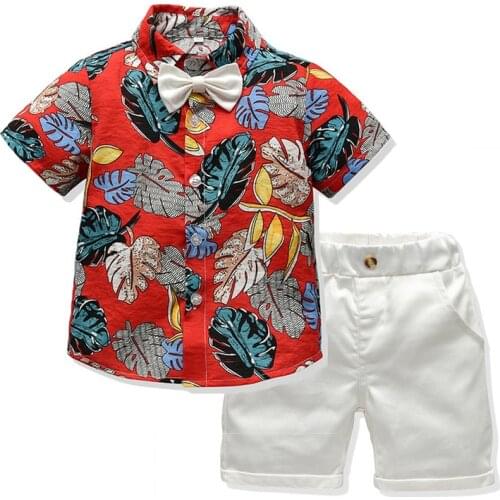 Kids Baby Boy Gentlemen Suits Boho Rainforest Printed Bow Tie Short Sleeve T-Shirt with Solid Color Shorts Summer Boy Wear 1-5Y