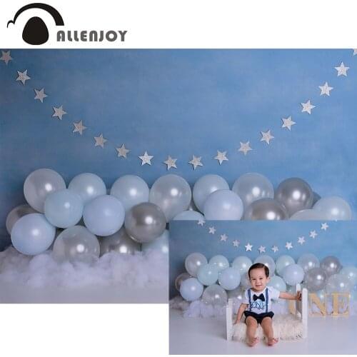 Allenjoy Child Smash Cake Photograhy Backdrop Blue Sliver Balloons Stars Cloud Baby Shower Background Kid Birthday Photozone