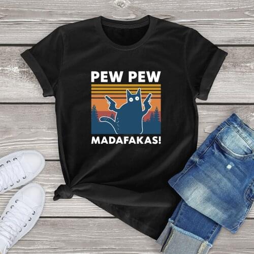 Unisex Pew Pew Madafakas T Shirt Novelty Funny Cat Vintage Crew Neck Tshirt Womens 100% Cotton Short Sleeves Novelty T-Shirt