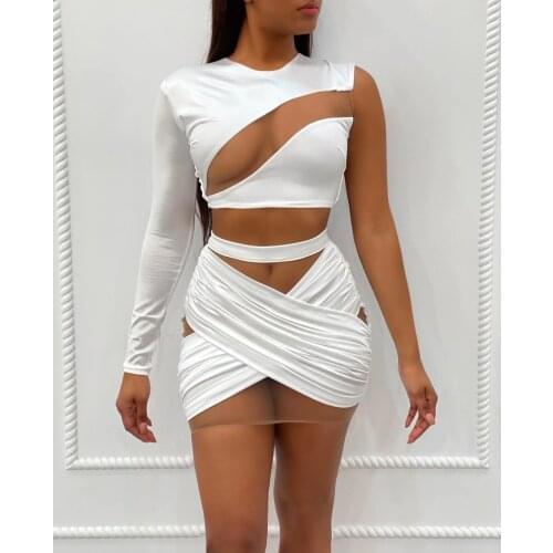 Echoine Sheer Mesh Patchwork One Shoulder Sleeve Crop Top Bandage Mini Skirt Sexy Skinny Outfits Party Night Club Matching Set