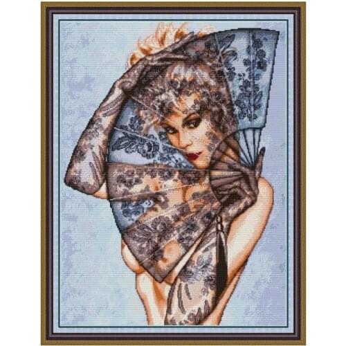 Beauty and Folding Fan Cross Stitch Kits Sale Embroidery Kit 14ct 11ct Printed Counted Canvas DMC DIY Handmade Needlework Sets