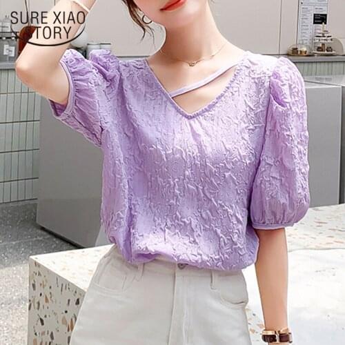 Chemisier Femme 2021 Summer New Puff Sleeve V-neck Chiffon Shirt Female Taro Purple All-match Design Small Shirt Loose Top 10057