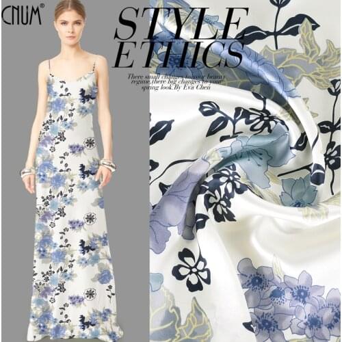 CNUM SS076 100% Natural Silk Satin/ Blooms, Blue/ Silk Fabric / Width 1.25yd Thickness 16.5mm /Unit:Meter